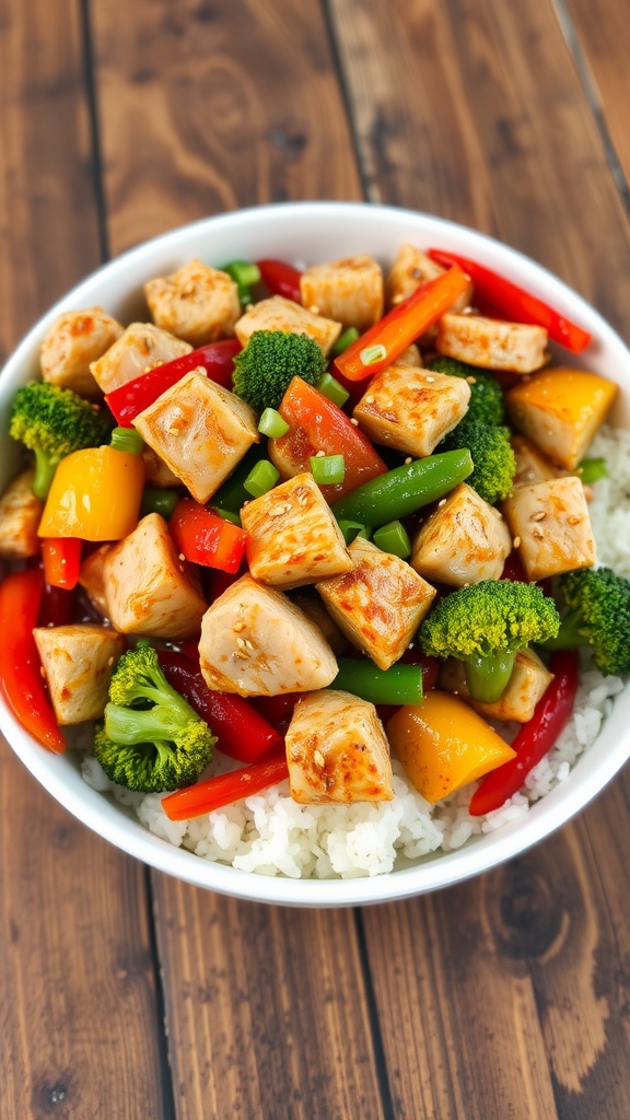 Savory turkey and vegetable stir-fry with broccoli, bell peppers, and snap peas over rice, garnished with sesame seeds.